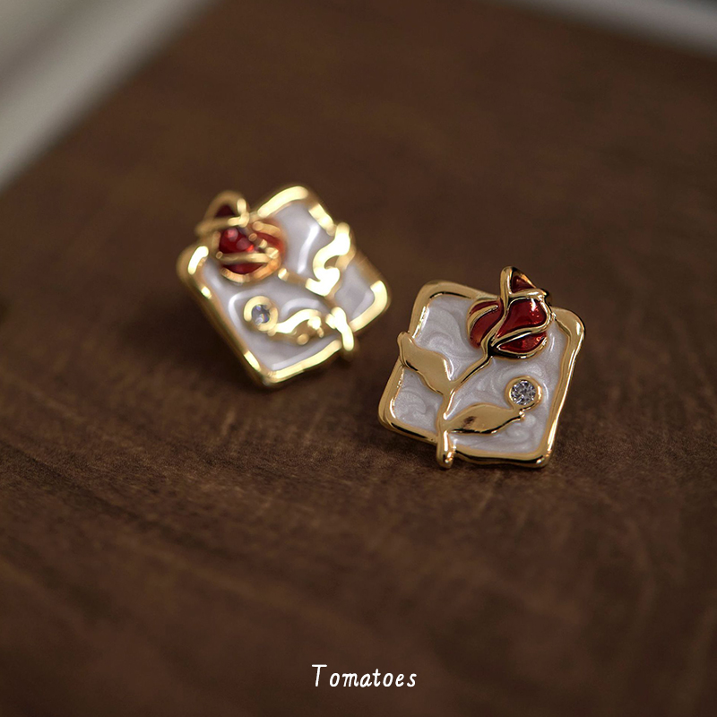 法式复古方形玫瑰花耳钉
