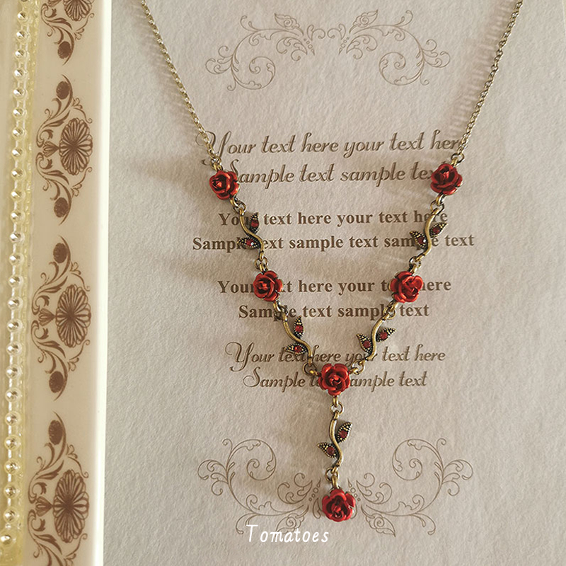 复古浪漫立体玫瑰花Y字型项链