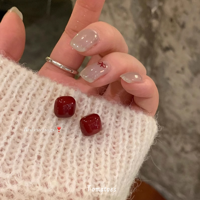 安可拉红气质几何方形耳钉