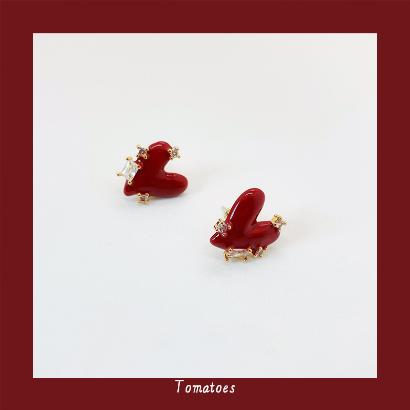 全店买三送一红色爱心珐琅耳钉女