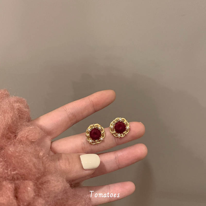 全店买三赠一丝绒酒红色耳钉女
