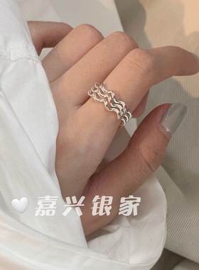 嘉兴银家s925纯银三层波浪戒指韩国ins博主款个性小众精致食指戒