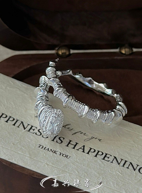 嘉兴银家s925纯银小众设计感纹理方形戒指女韩版复古简约轻奢指环