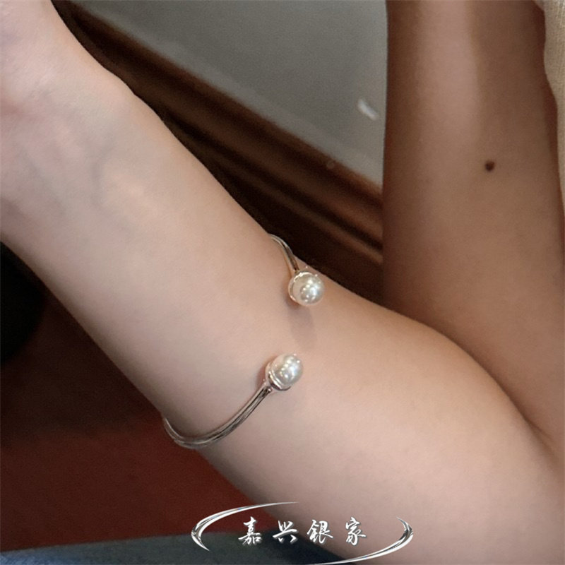 嘉兴银家s925纯银韩版小众高级施家珍珠开口手镯复古精致质感手环