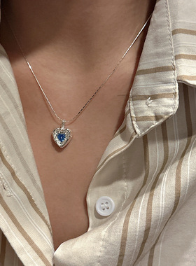 嘉兴银家s925纯银高级小清新微镶蓝色爱心项链韩版ins精致锁骨链