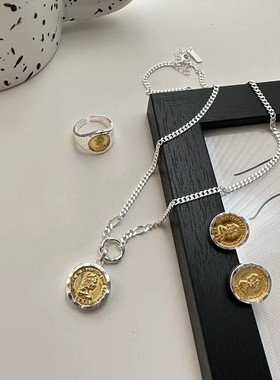 嘉兴银家S925纯银女王钱币金银撞色耳钉项链戒指韩式风复古套装