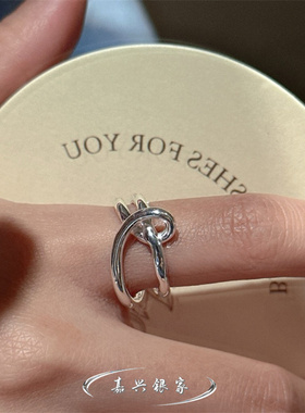 嘉兴银家s925纯银韩式简约精致线条绳结开口戒指女ins风质感指环