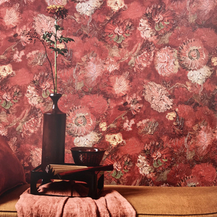 欧式美式复古红色壁纸花朵卧室餐客厅电视背景墙抽象壁画梵高墙纸
