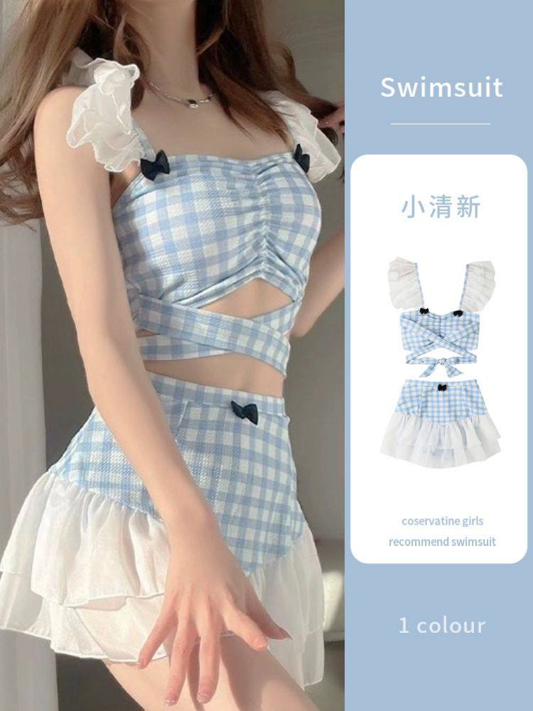 2024新款泳衣少女学生分体裙式泡温泉小清新显瘦遮肉保守可爱泳装