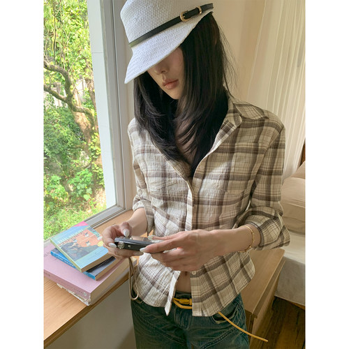 AURO MORE 格纹收腰七分袖衬衫翻袖口修身显瘦五分袖翻领上衣