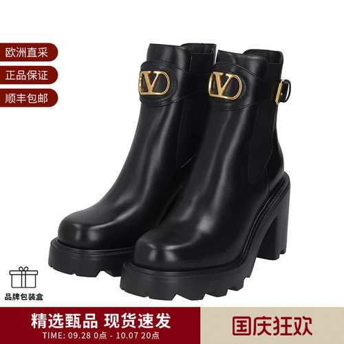 VALENTINO华伦天奴女士粗高跟靴子短靴皮靴跟高9cm 2S0KY9 BEK