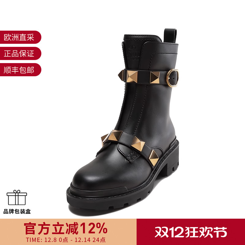 华伦天奴女士粗跟靴子军旅风短靴