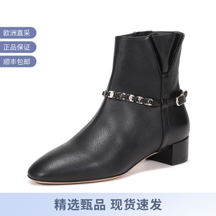 Ferragamo 0733614 女士TINO系列铆钉装 饰牛皮靴子粗跟短靴