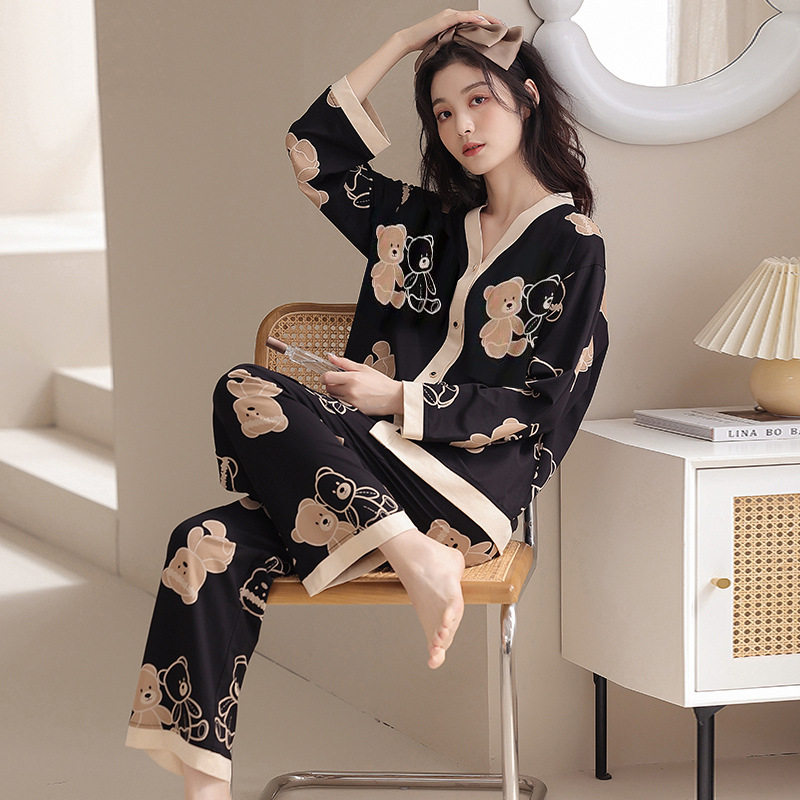 睡衣女春秋季几何图案长袖长裤可外穿新款可爱卡通秋冬家居服LY