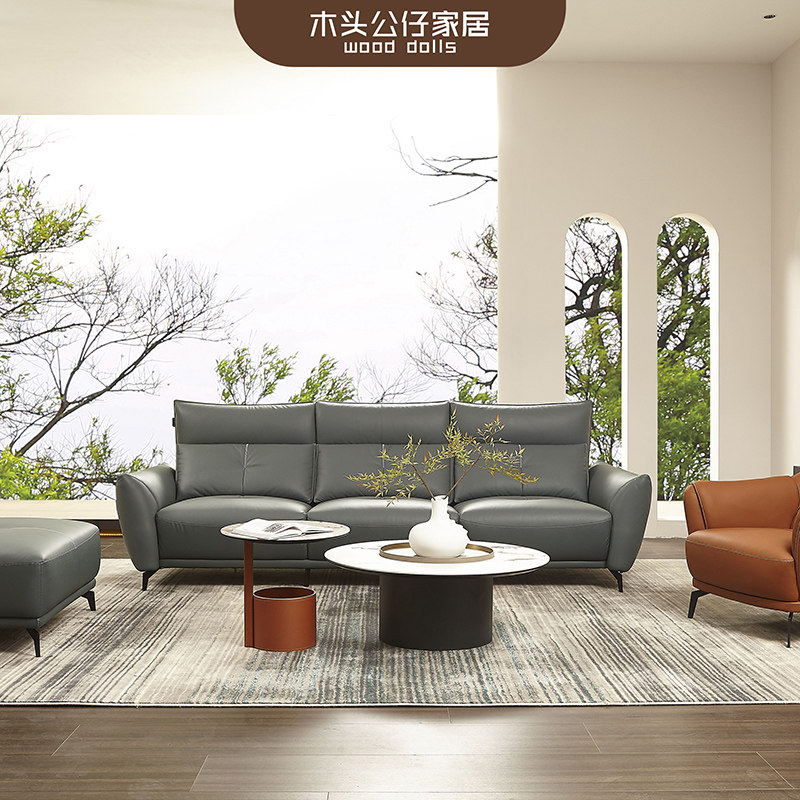 小户型意式极简轻奢全松木框架高回弹海绵头层皮直排沙发脚踏组合