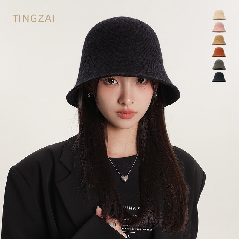 黑色渔夫帽子女秋2023新款冬季百搭素颜遮脸毛线针织水桶帽盆帽