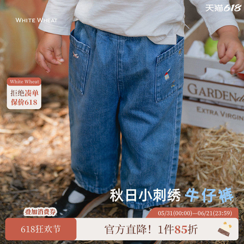 whitewheat宝宝26春秋季新款长裤男孩刺绣纯棉裤子女童时髦牛仔裤