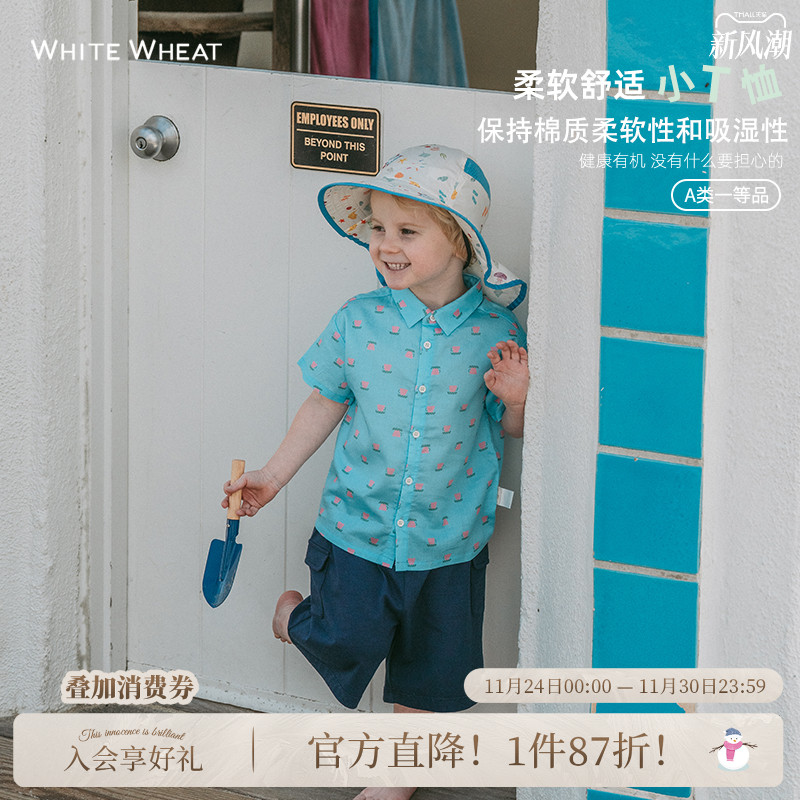 whitewheat儿童夏装2025新款衬衫男女宝宝休闲纯棉洋气短袖花衬衣