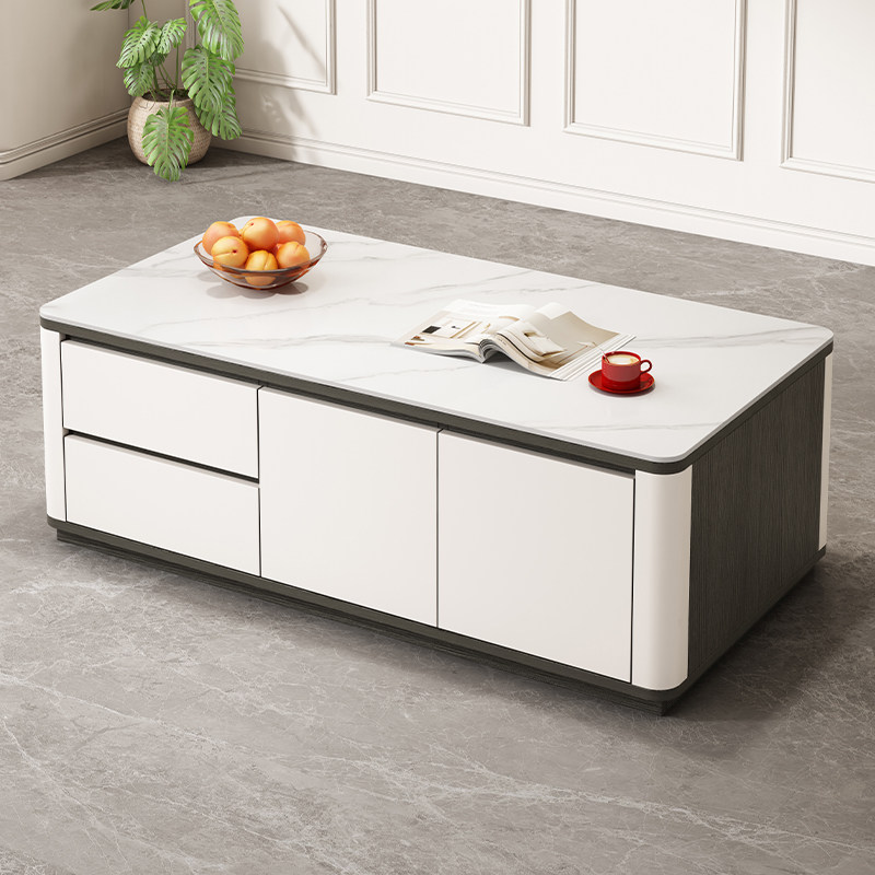 岩板茶几客厅家用实木收纳储物一体茶几电视柜组合弧边轻奢高级感