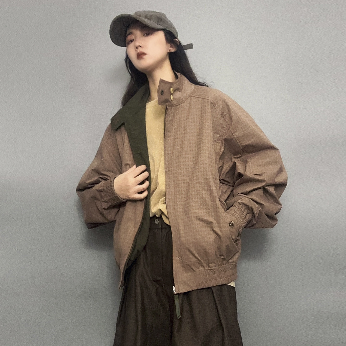 两面穿中性工装立领宽松夹克外套