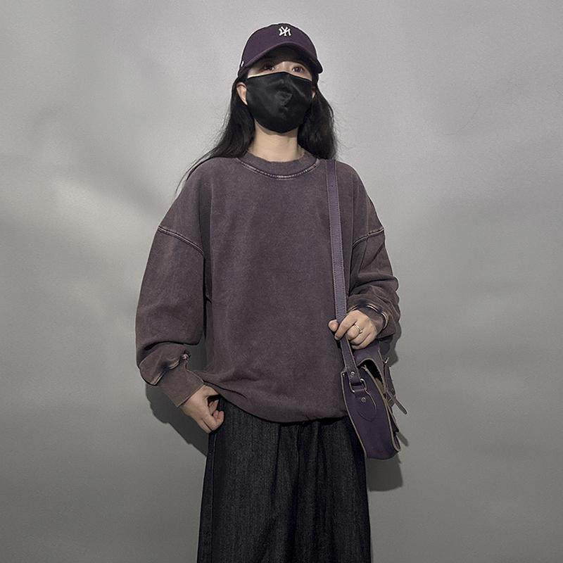 美式复古做旧扎染宽领T恤男女款