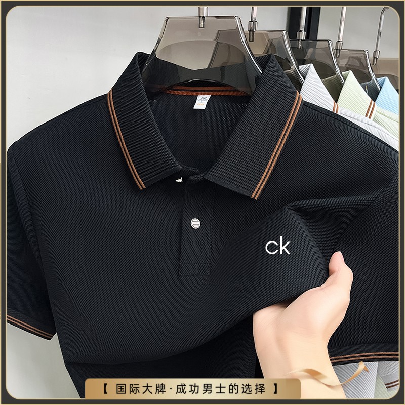ck正品【海外撤柜】高品质亚麻桑蚕丝polo衫夏季男士翻领短袖T恤