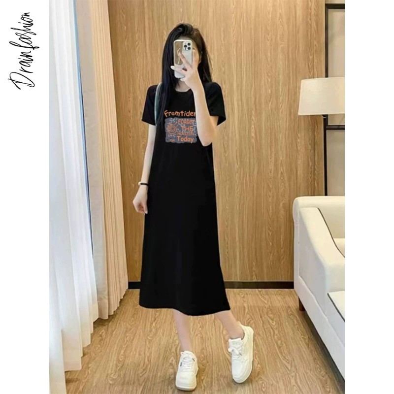黎客时尚连衣裙女2026新款夏季韩版气质宽松显瘦短袖休闲过膝长裙