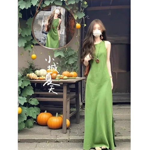 Bonrgo夏季新款法式高级感绿色无袖连衣裙女大码独特气质背心长裙