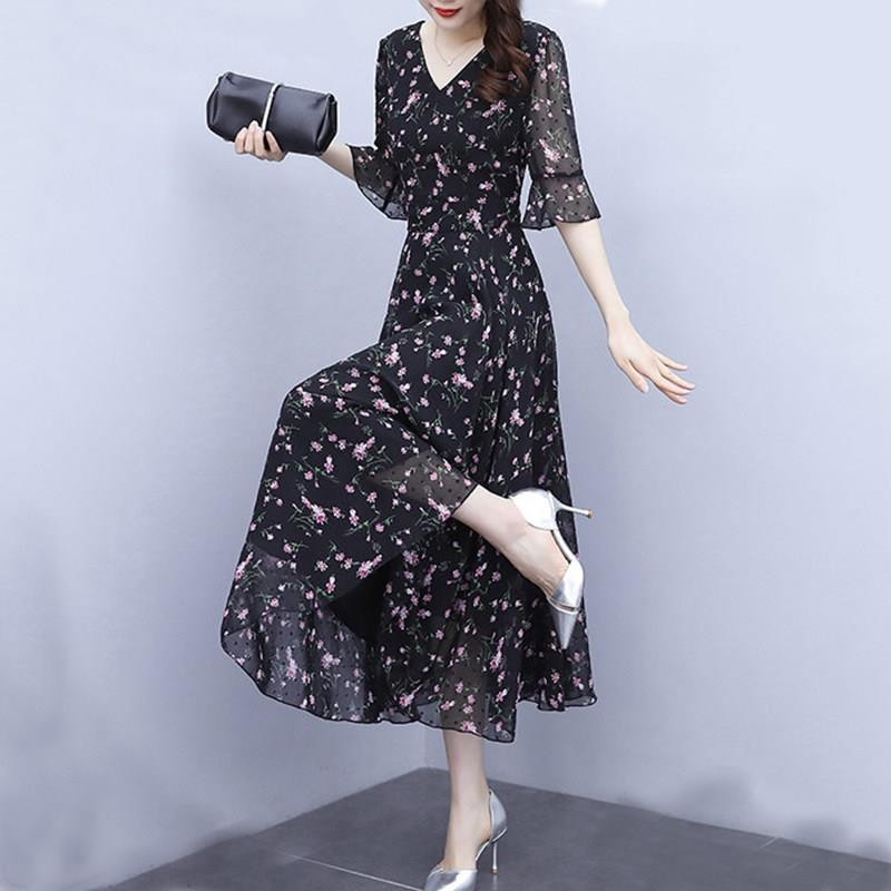 黑色碎花雪纺连衣裙女士2026年夏季新款时尚洋气收腰显瘦a字长裙