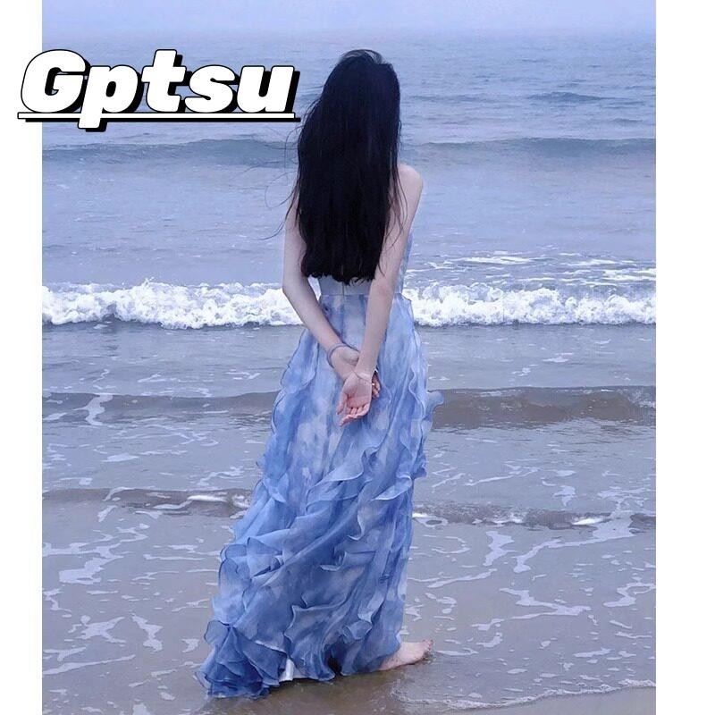 GPTSu法式蓝色抹胸吊带连衣裙女夏季气质海边度假沙滩仙女长裙子