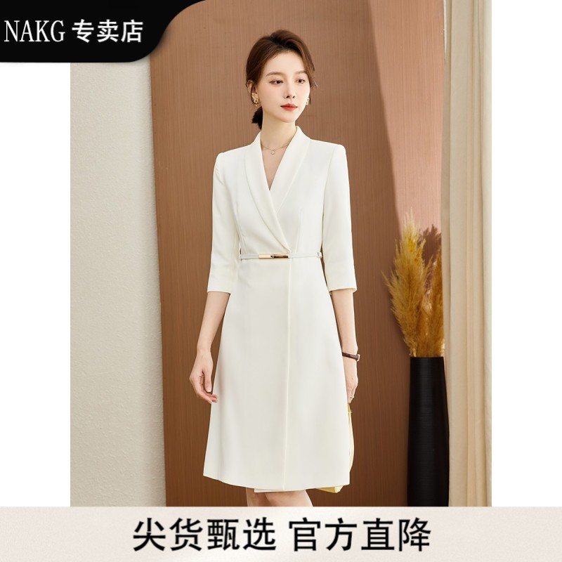 NAKG白色职业装西装连衣裙女气质七分袖正式场合V领主持人上镜装