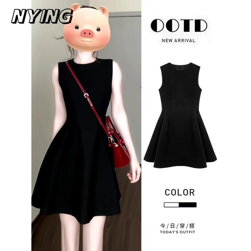NYING法式黑色连衣裙女2025夏季新款无袖背心气质显瘦A字花苞短裙