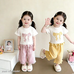 荷叶边两件套 t上衣女夏粉格子喇叭阔腿裤 中童可爱套装 蝴蝶结短袖