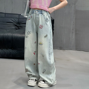 童装女童刺绣牛仔裤2026春季新款儿童初中生大童女装春装阔腿裤潮