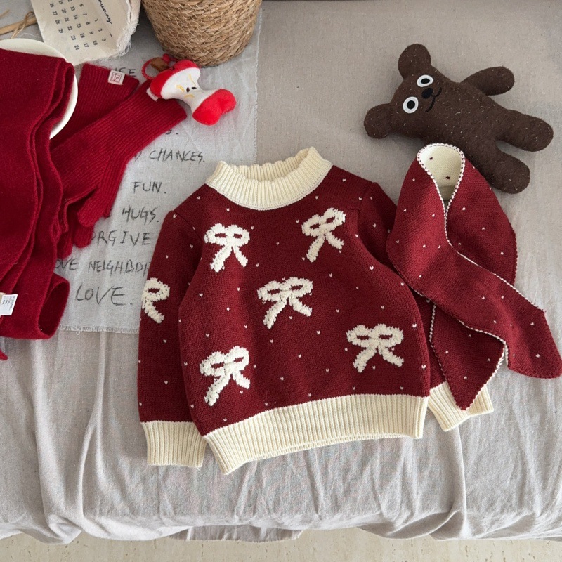 新年款送围巾女童撞色甜美波点蝴蝶结红色针织毛衣儿童绵羊绒毛衣