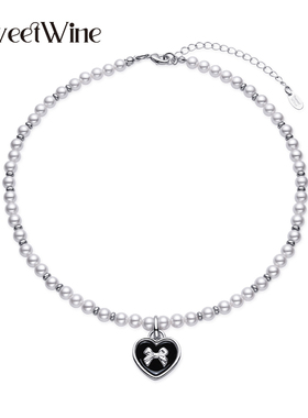 【张雅琪花少同款】SweetWine 黑色珐琅蝴蝶结爱心珍珠项链锁骨链