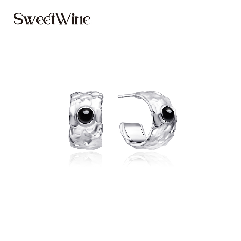 sweetwine黑玛瑙简约金属感耳圈