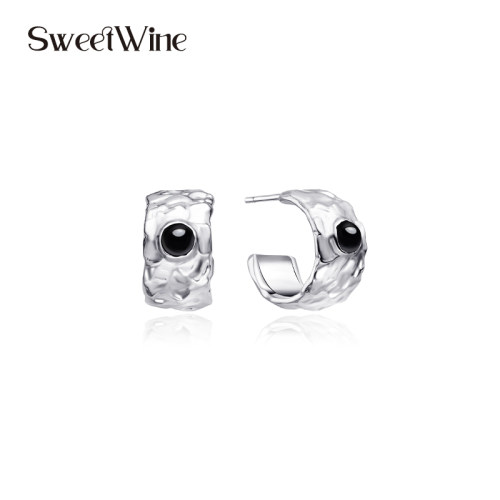 sweetwine黑玛瑙简约金属感耳圈
