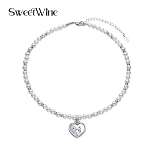 Wine蝴蝶结贝母爱心吊坠珍珠项链原创设计 Sweet 王玉雯同款