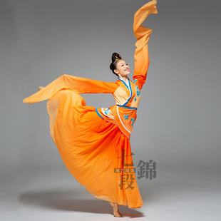 七段锦玉人舞古典舞同款表演服饰桔色水袖长裙大裙摆演出服饰出租