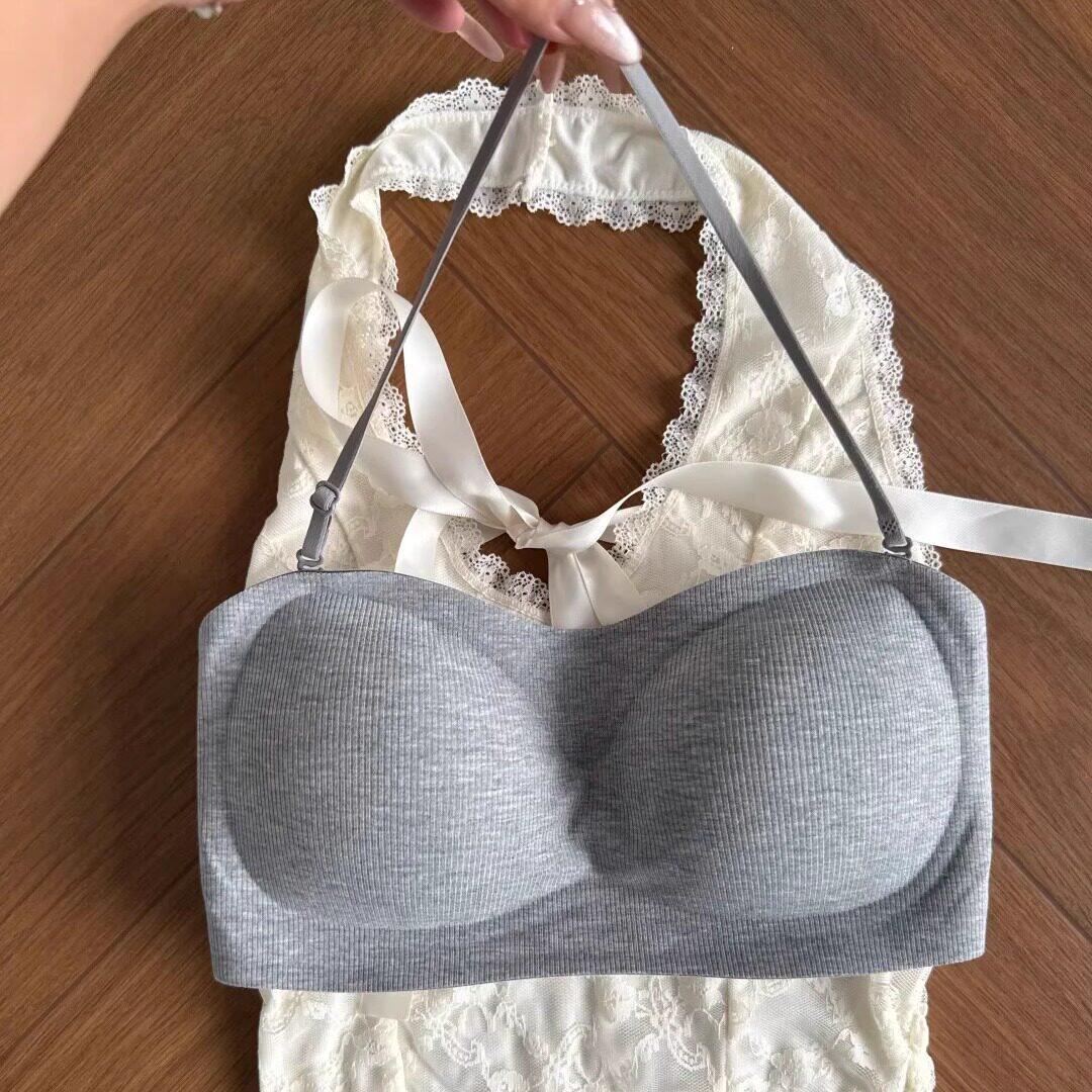 美背细肩带无痕抹胸灰色挂脖内衣女小胸聚拢显大收副乳文胸罩夏薄
