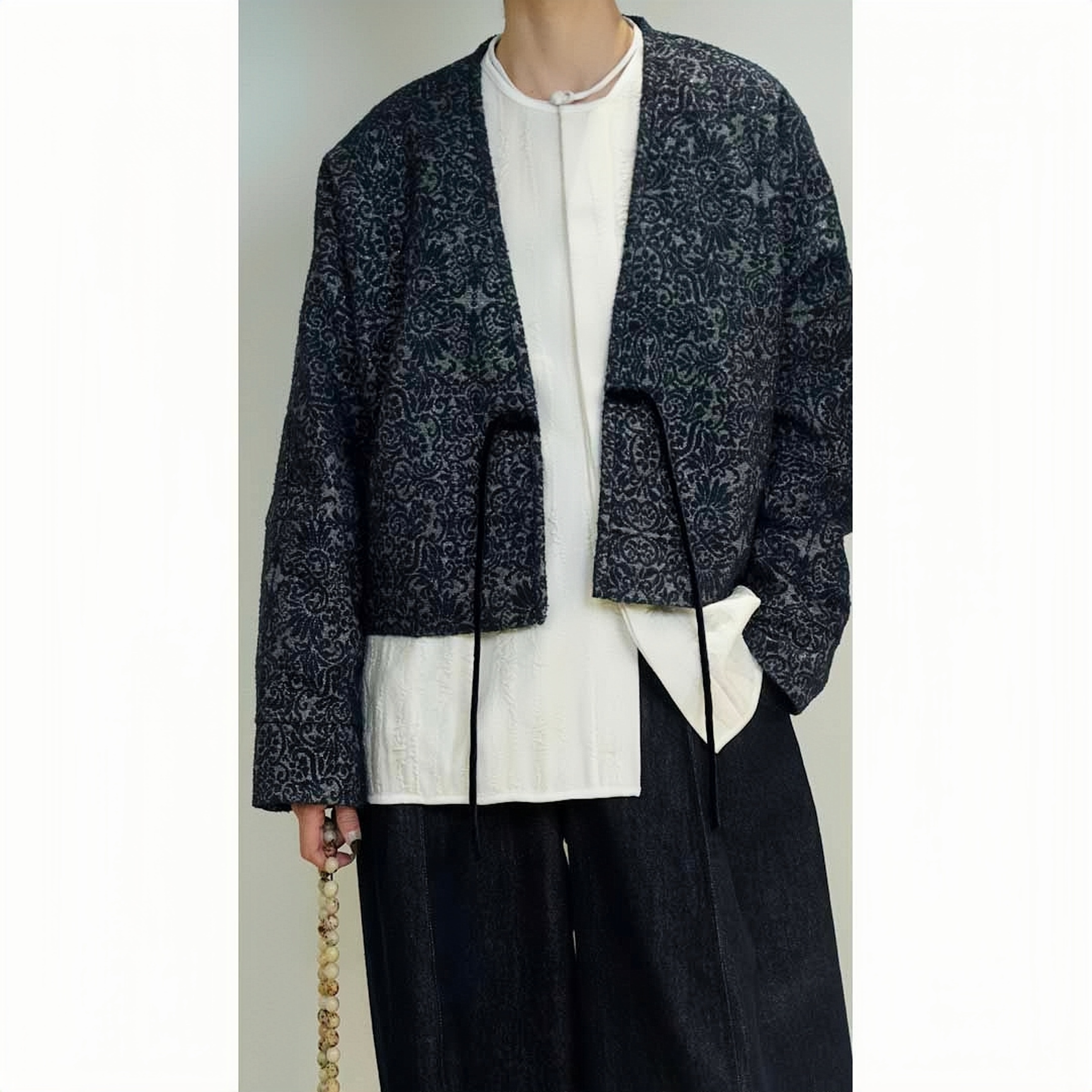 又见玫瑰 新款国风进口羊毛提花短外套女新中式盘扣棉服