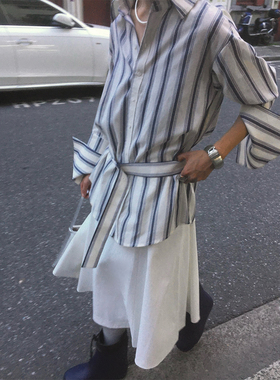 soolrok 松未韵一 即兴留白 韩系条纹衬衫套装女高腰显瘦白色半裙