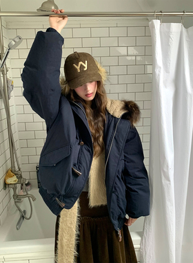 soolrok 松未韵一 大连帽披肩貂毛领90白鸭绒羽绒服女牛角扣外套