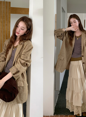soolrok 松未韵一 两色亚麻复古西装外套女通勤小众轻薄防晒上衣