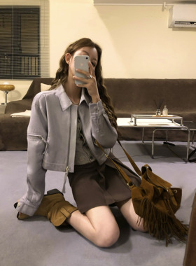 soolrok 松未韵一 水洗灰紫色牛仔外套女复古设计感短款上衣