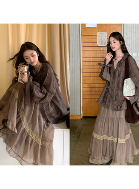 soolrok 松未韵一  暮色珐琅  A字松紧高腰显瘦半身裙木耳边长裙