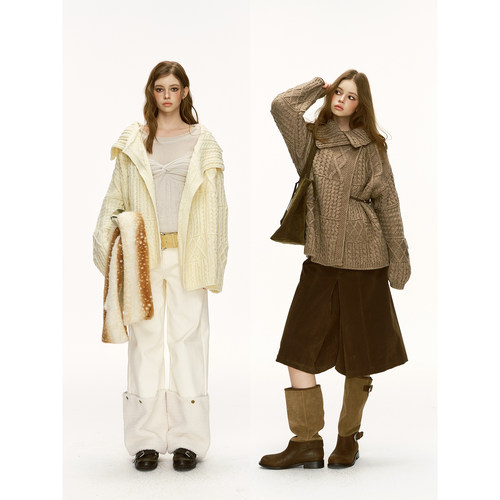 soolrok 松未韵一   大翻领羊毛宽松加厚毛衣外套 含腰带