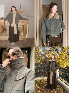 soolrok 松未韵一   复古可拆卸毛领雾面麂皮棉服外套