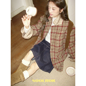 复古红色格纹拼接羊毛呢大衣小众西装 soolrok 松未韵一 外套上衣